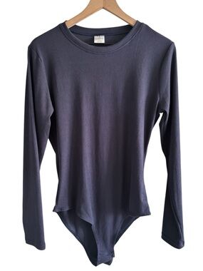 Real Essentials Navy Ribbed Bodysuit Long Sleeve Minimalist Capsule Basic Large